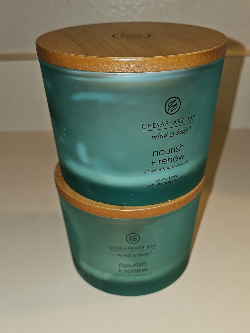 Chesapeake Bay Empty Teal Glass Candle Jars with Wooden Lid